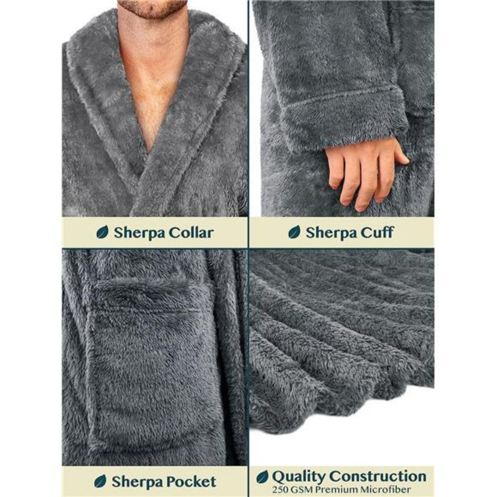 Men's Soft Robe, Plush Fluffy Fleece Bathrobe Men, Long Sherpa Shaggy Spa Robe - Picture 4 of 7